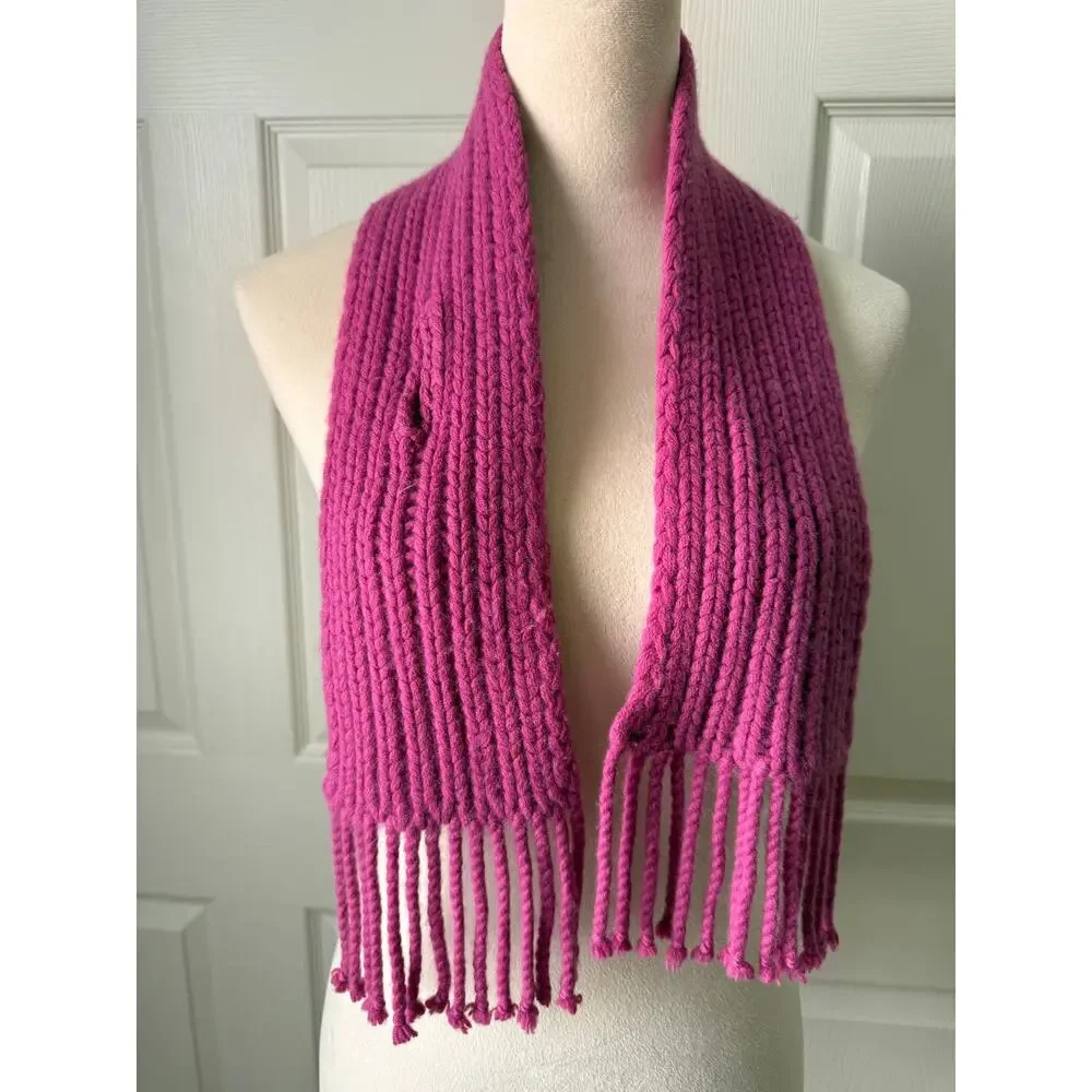 Banana Republic Hand Knit Cashmere Scarf Magenta Hot Pink Fringe Chunky Luxe
